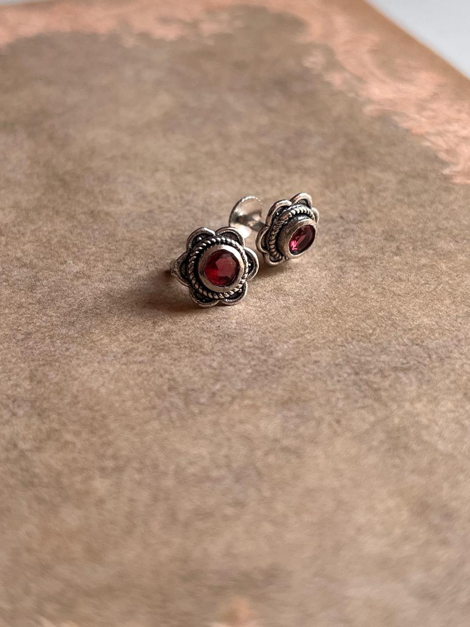 South Screw Pink CZ Flower Silver Stud Earrings