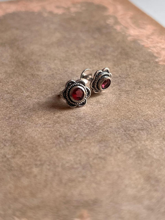South Screw Pink CZ Flower Silver Stud Earrings