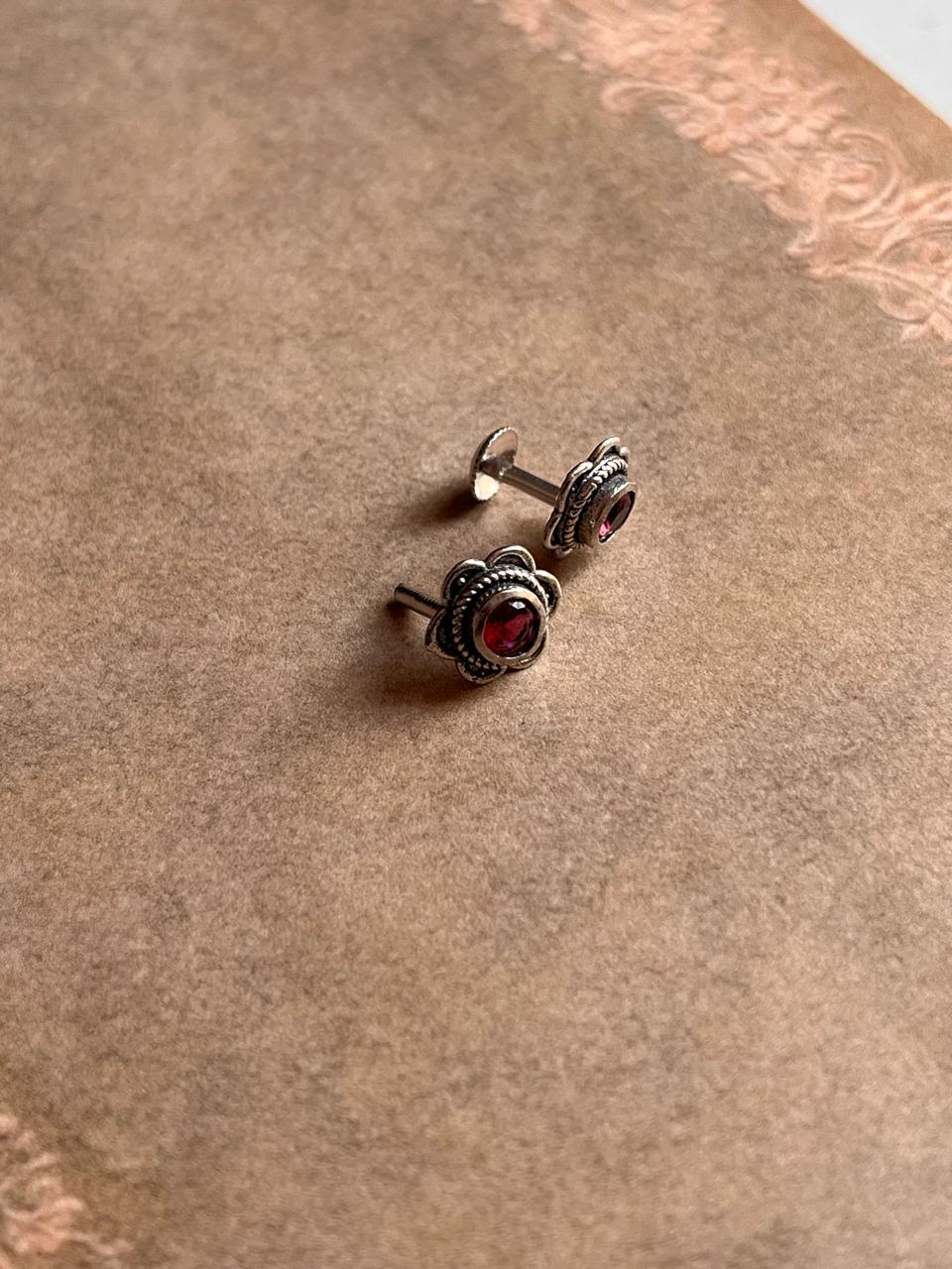 South Screw Pink Cubic Zirconia Flower Silver Studs