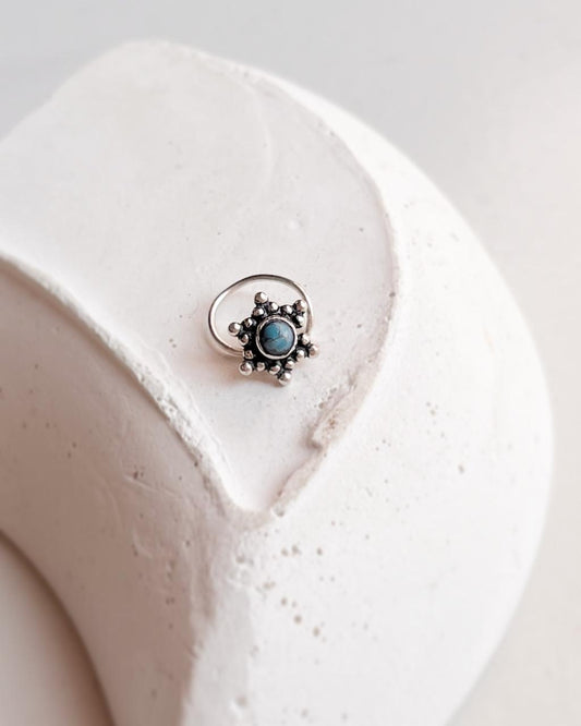 Tribal Rawa Turquoise Wired Back Silver Nose Pin with vibrant turquoise gemstone