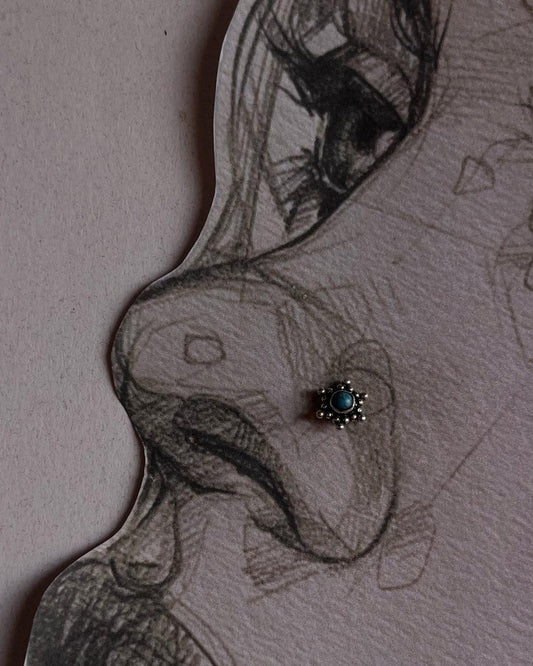 Tribal-inspired 925 sterling silver nose pin featuring turquoise stone and wired back design