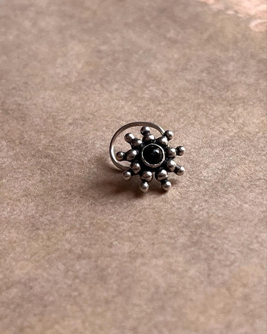 Tribal Rawa Black Onyx Mandala Wired Back Silver Nose Pin with intricate design