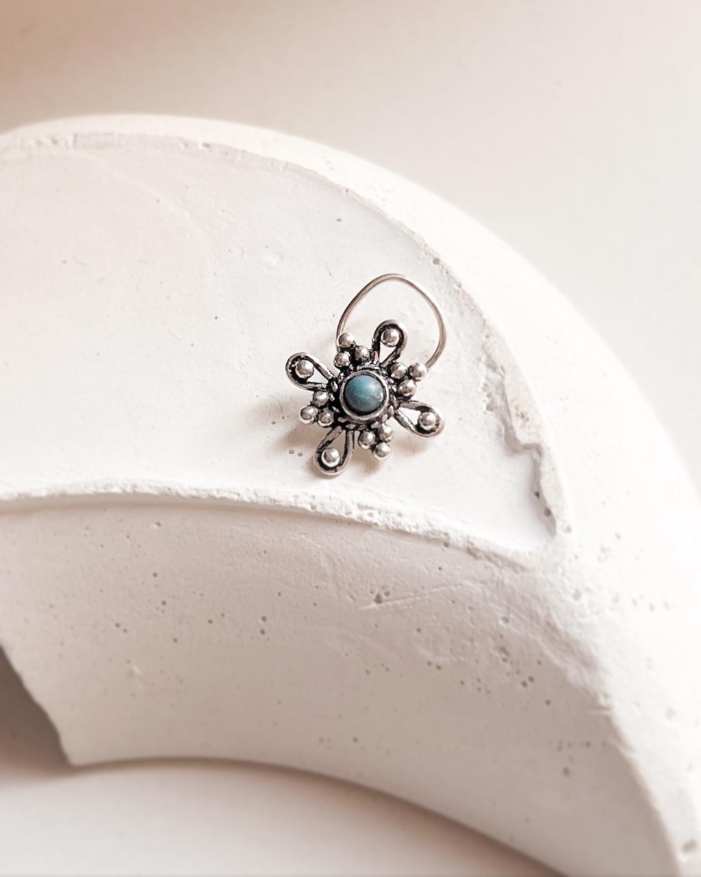 Tribal Rawa Turquoise Wired Back Silver Nose Pin with intricate design