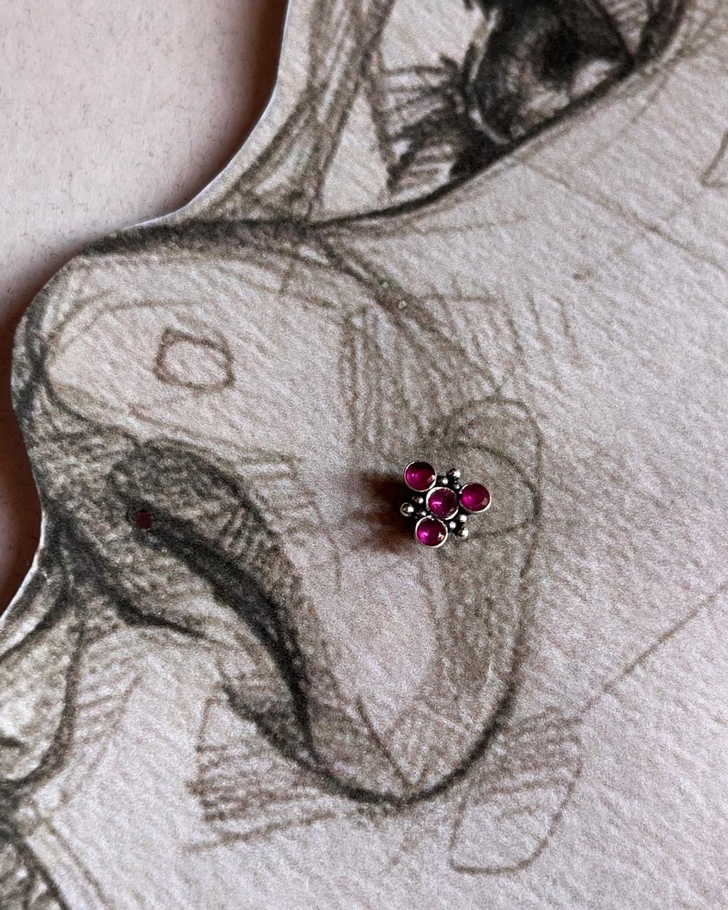 Handcrafted Tribal Rawa Pink CZ Stone Wired Back Silver Nose Pin for piercing