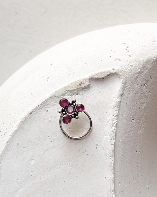 Tribal Rawa Pink CZ Stone Wired Back Silver Nose Pin with intricate design