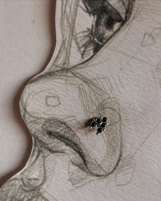 Tribal Rawa Black CZ Stone Wired Back Silver Nose Pin with intricate design