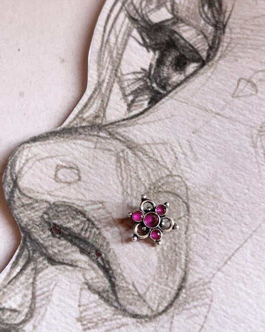 Tribal Rawa Floral Pink CZ Stone Wired Back Silver Nose Pin with intricate design