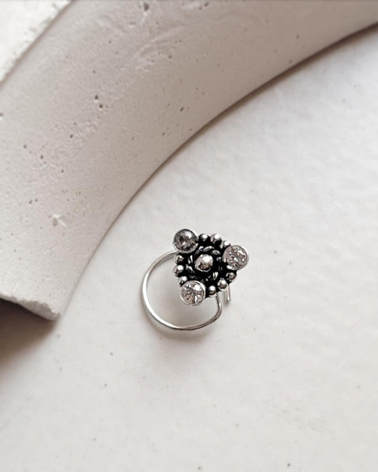 Tribal Rawa White CZ Stone Wired Back Silver Nose Pin with intricate design