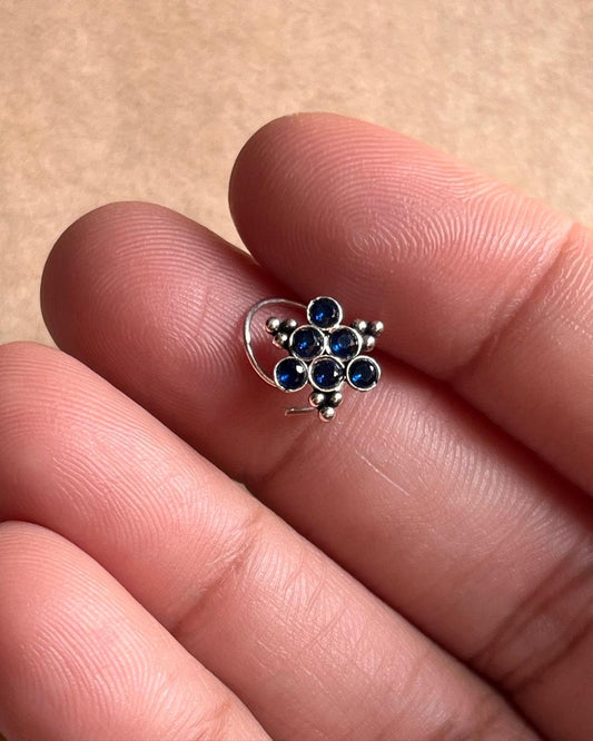 Tribal Rawa Blue CZ Stone Wired Back Silver Nose Pin with intricate design