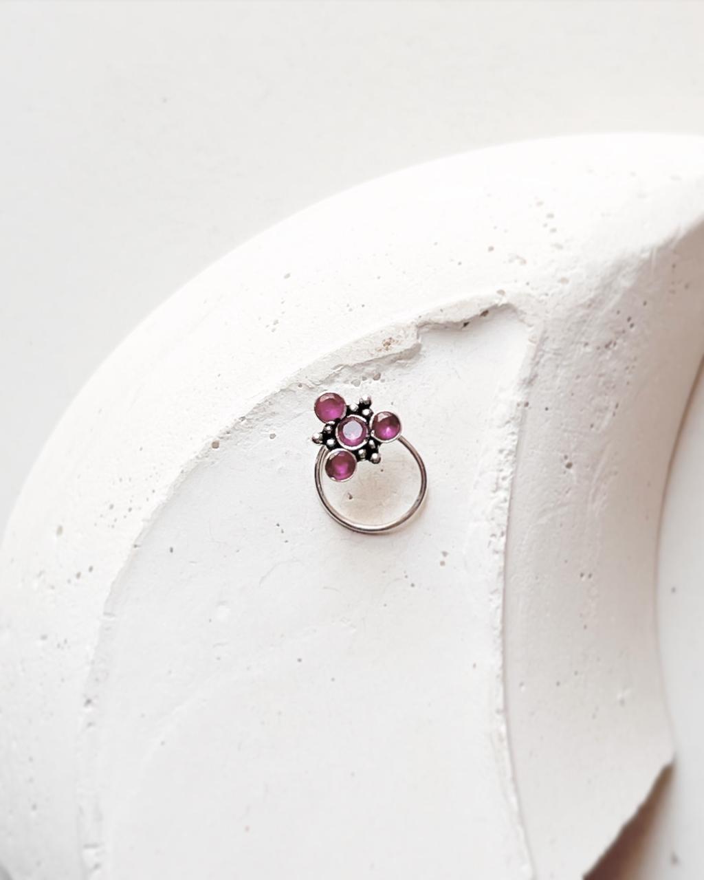 Tribal silver nose jewelry with pink CZ stone and wired back