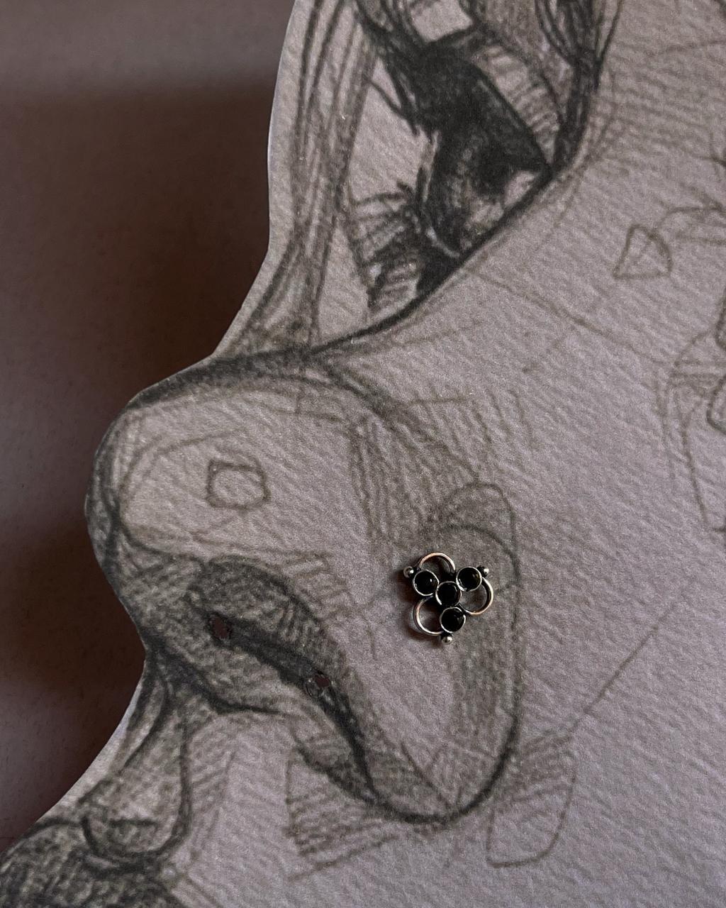 Tribal Rawa Black CZ Stone Wired Back Silver Nose Pin with intricate design