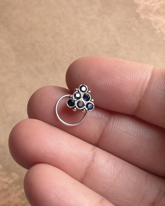 Tribal Rawa Blue CZ Stone Wired Back Silver Nose Pin with intricate design