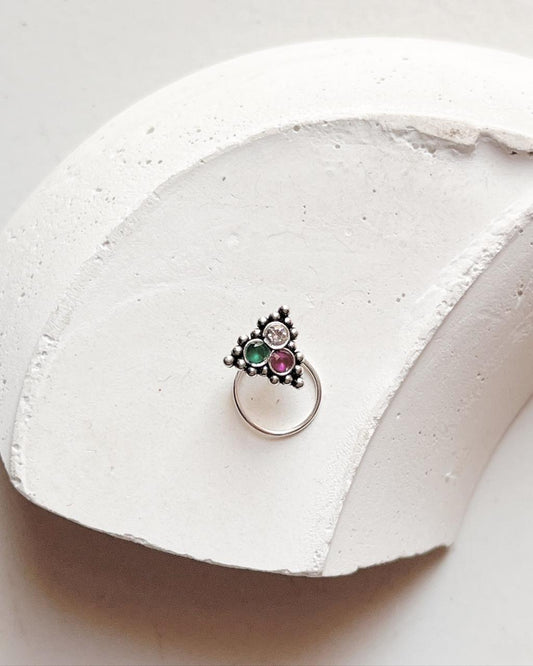 Tribal Rawa Multi-Color CZ Wired Silver Nose Pin with vibrant gemstone design