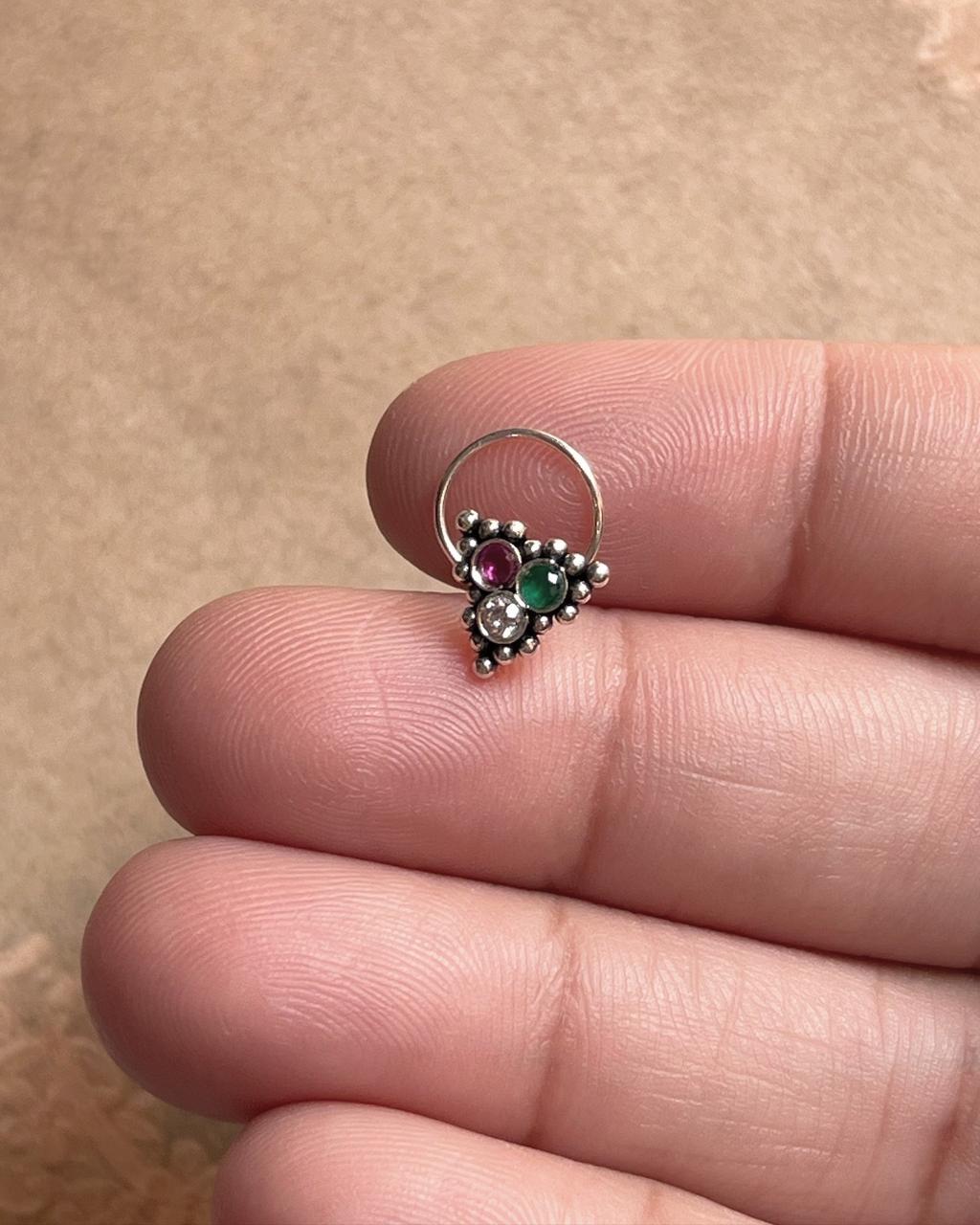Handcrafted sterling silver nose pin with multi-color cubic zirconia for piercing