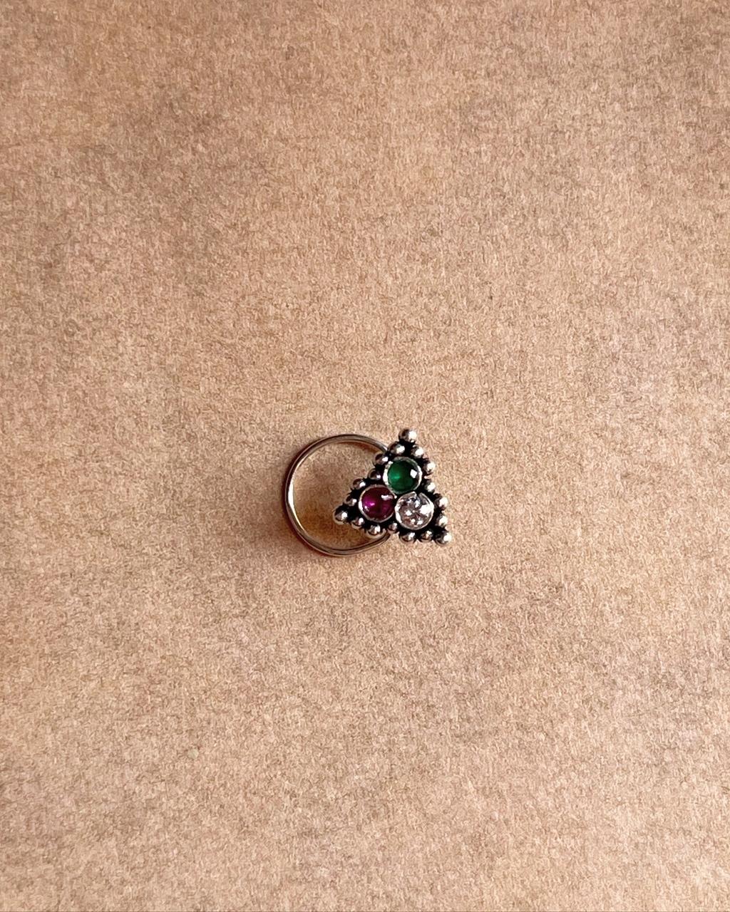 Tribal silver nose pin with colorful CZ stones and wired back
