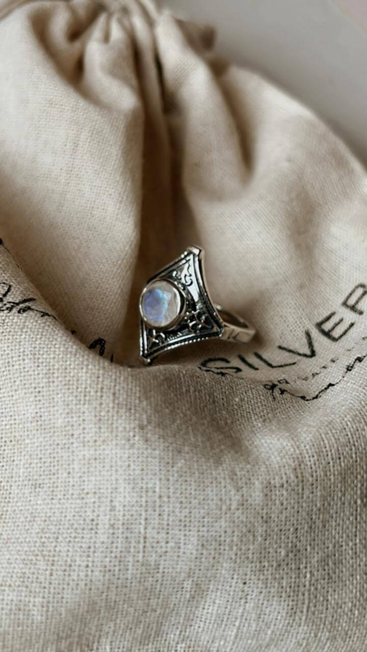 Moonstone Vintage Boho Silver Ring with intricate silver detailing