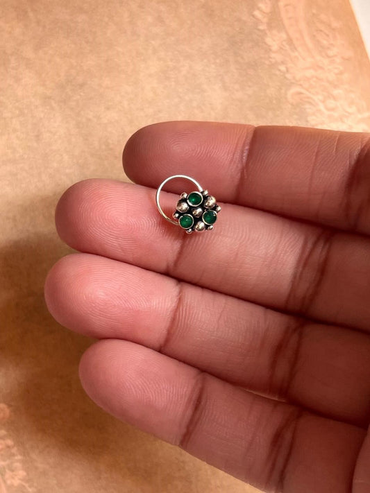 Tribal rawa green CZ stone wired back silver nose pin