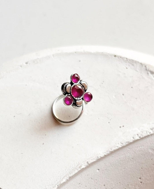 Tribal rawa pink CZ stone wired back silver nose pin