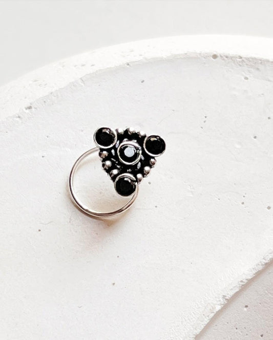 Tribal rawa black CZ stone wired back silver nose pin
