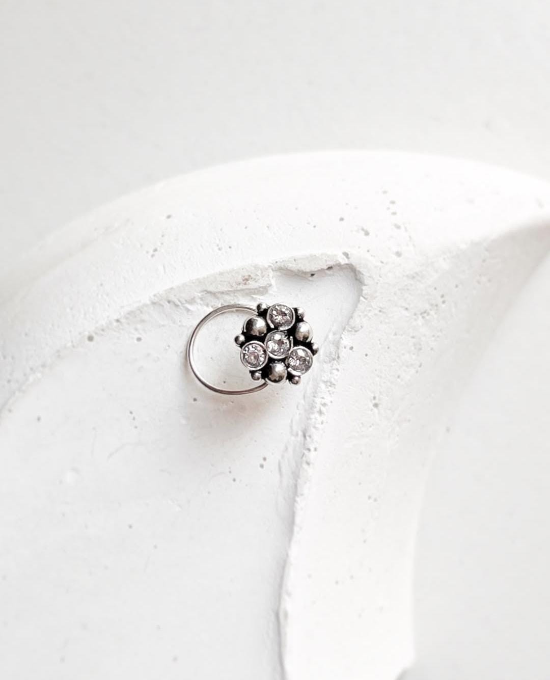 Tribal rawa white CZ stone wired back silver nose pin