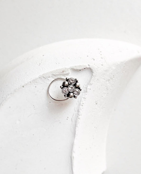 Tribal rawa white CZ stone wired back silver nose pin