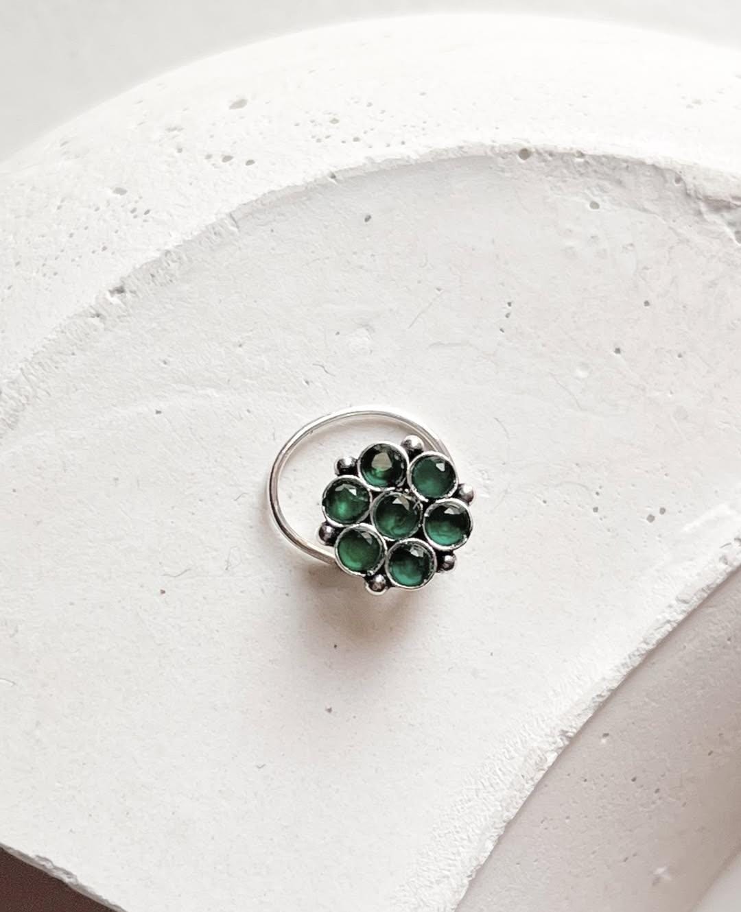 Tribal rawa green CZ stone wired back silver nose pin