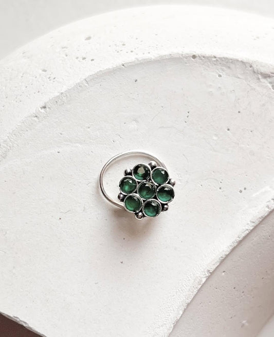 Tribal rawa green CZ stone wired back silver nose pin