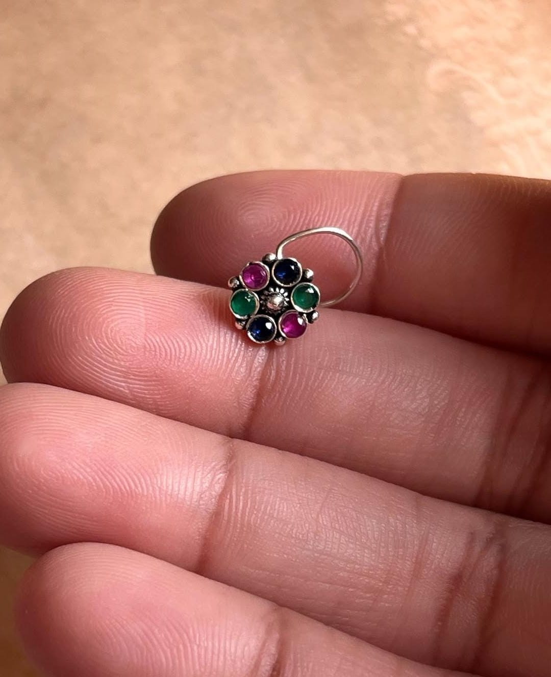 Multi CZ stone tribal rawa silver nose pin with wired back