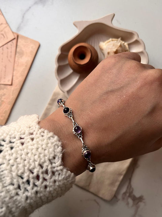 Amethyst round flower boho 925 sterling silver bracelet
