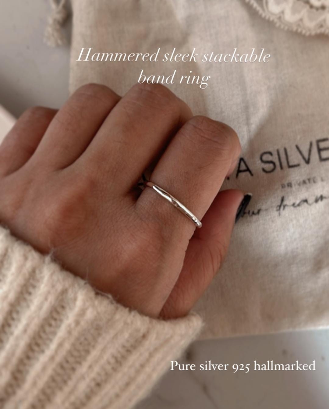 Hammered sleek band 925 sterling silver ring