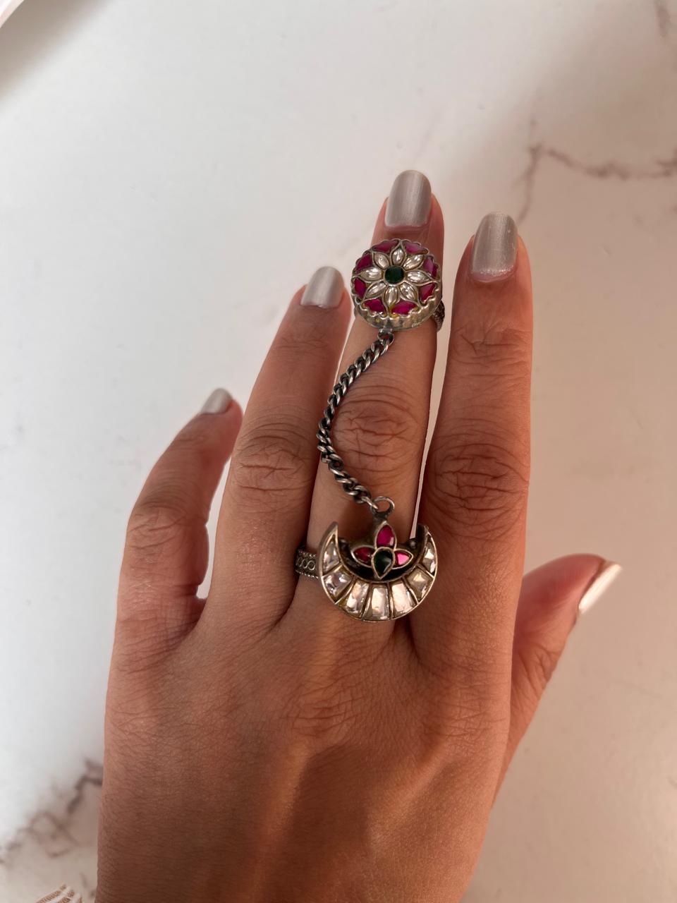 Antique Kundan Meenakari Chand Double Silver Ring