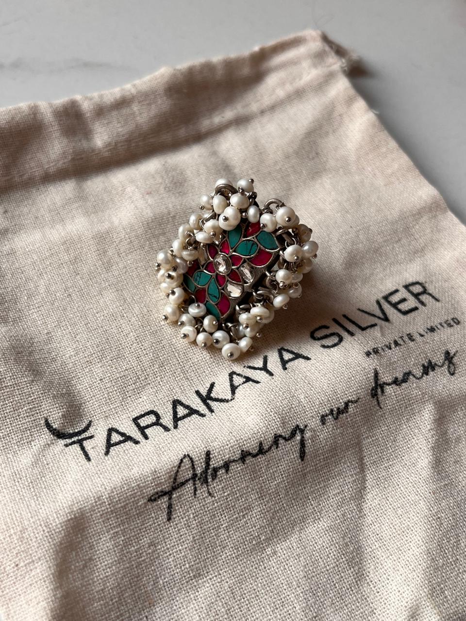 925 Silver Adjustable Ring with Turquoise Meenakari Kundan Pearls