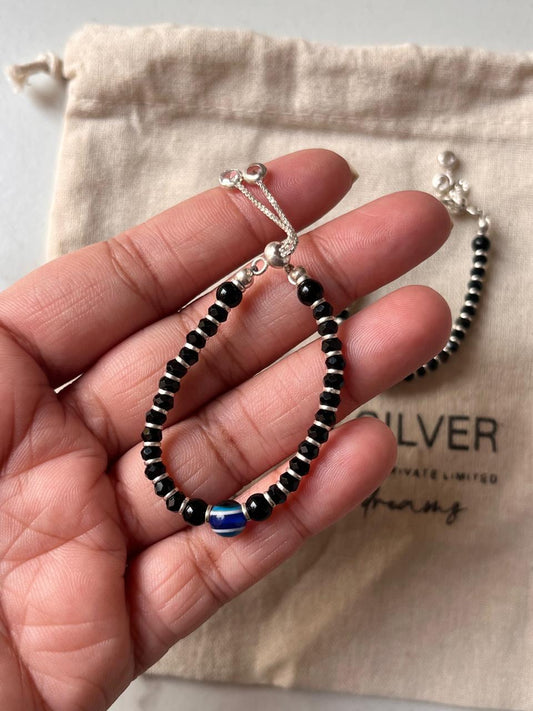 Evil Eye & Black Bead Kids Adjustable Nazariya 925 Silver Bracelet