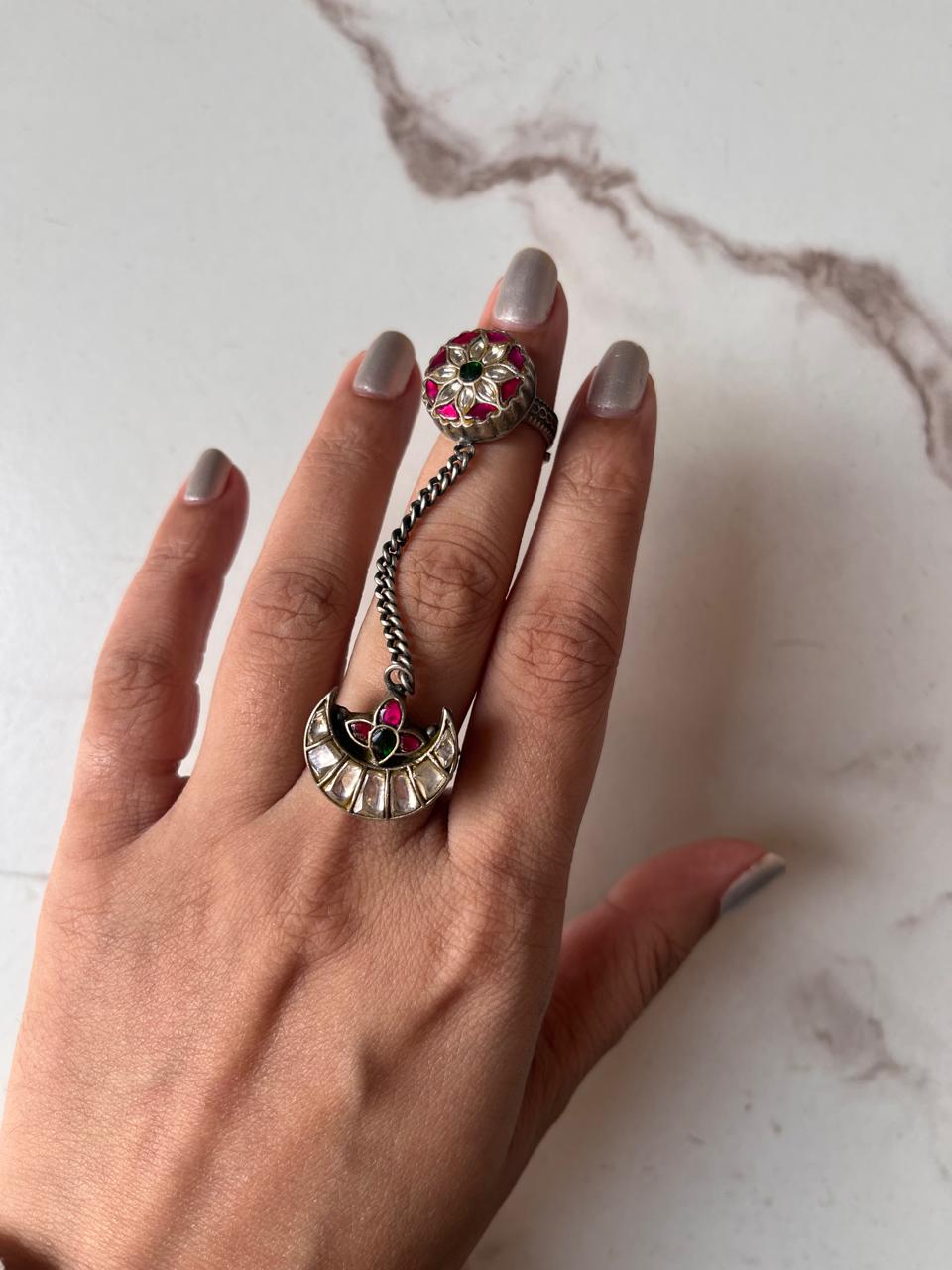 Kundan Meenakari Chand Double Silver Ring with Antique Finish