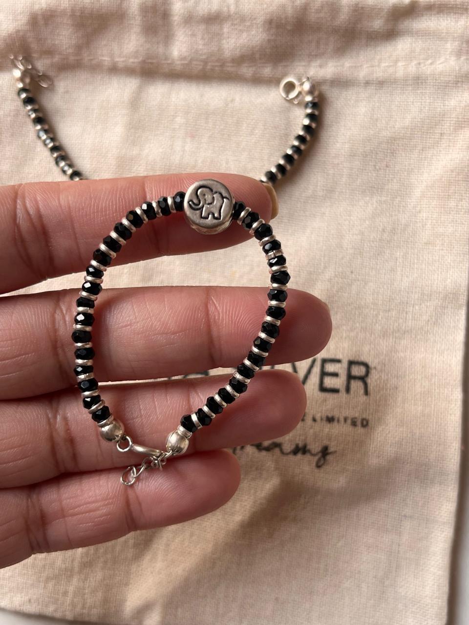 925 Silver Anklet with Elephant Charm and Black Beads for Kids