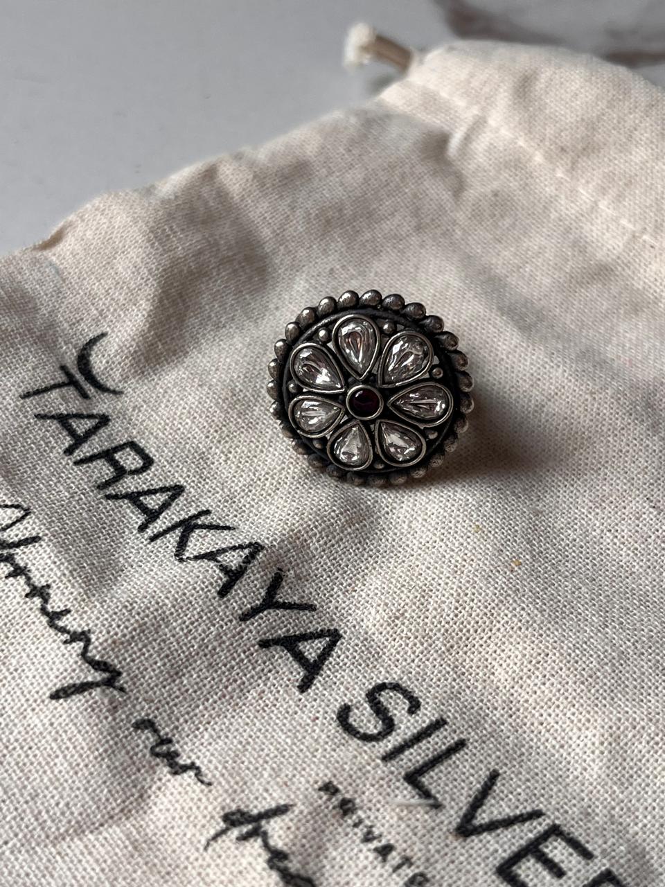Elegant Antique Kundan Meenakari Silver Ring Adjustable