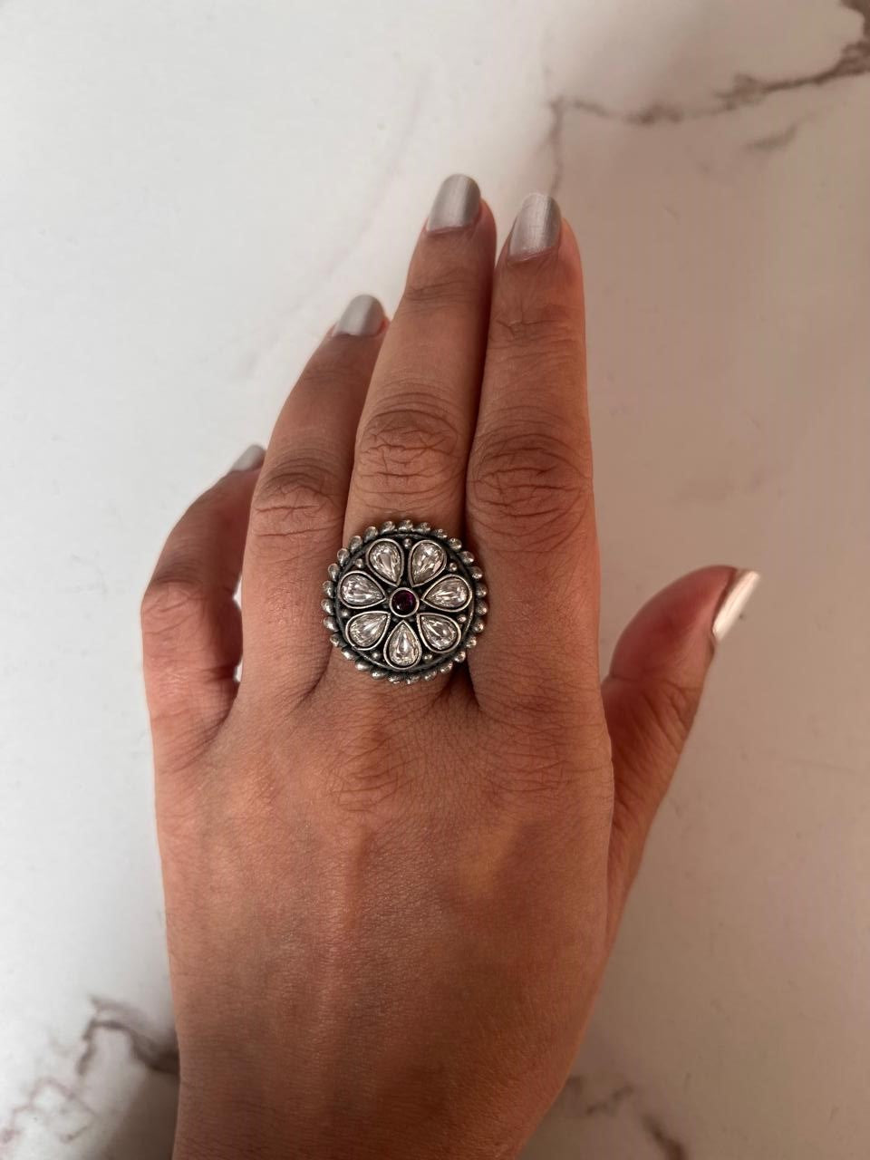 925 Silver Adjustable Ring with Kundan Meenakari Design