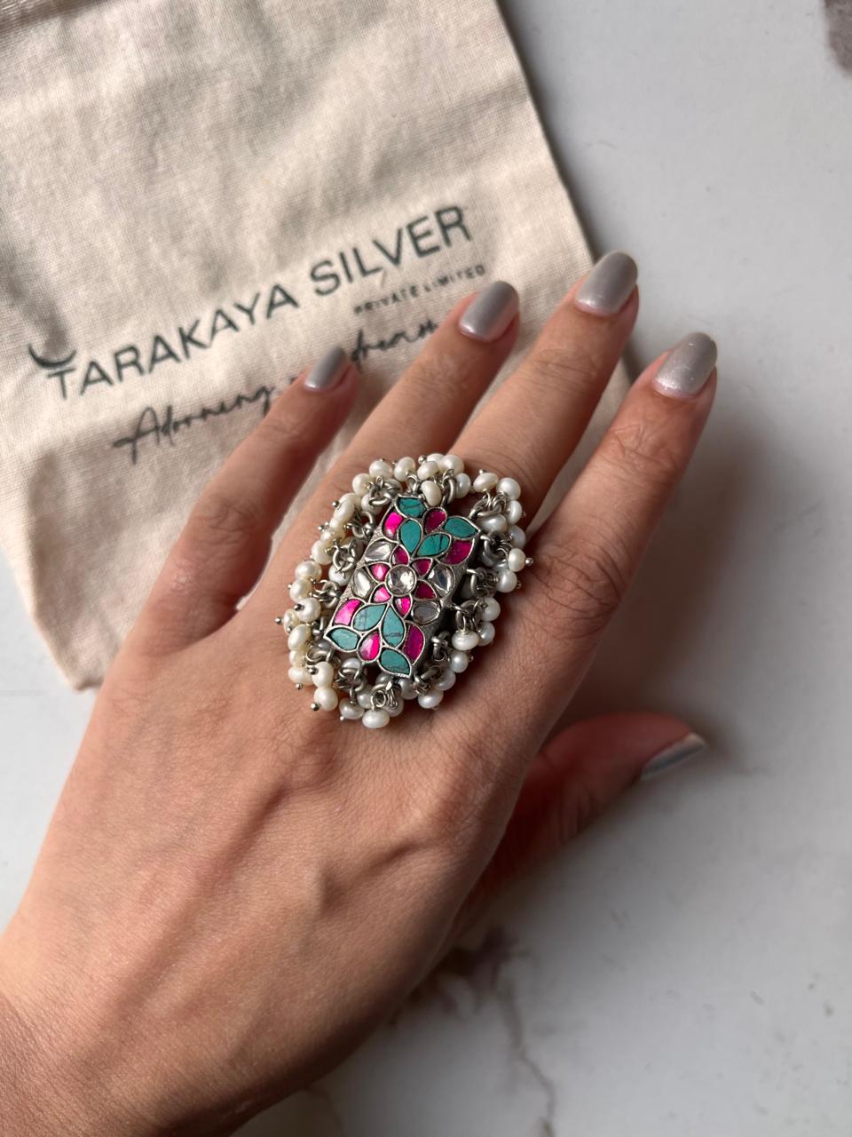Antique Silver Adjustable Ring with Turquoise Meenakari and Kundan Pearls