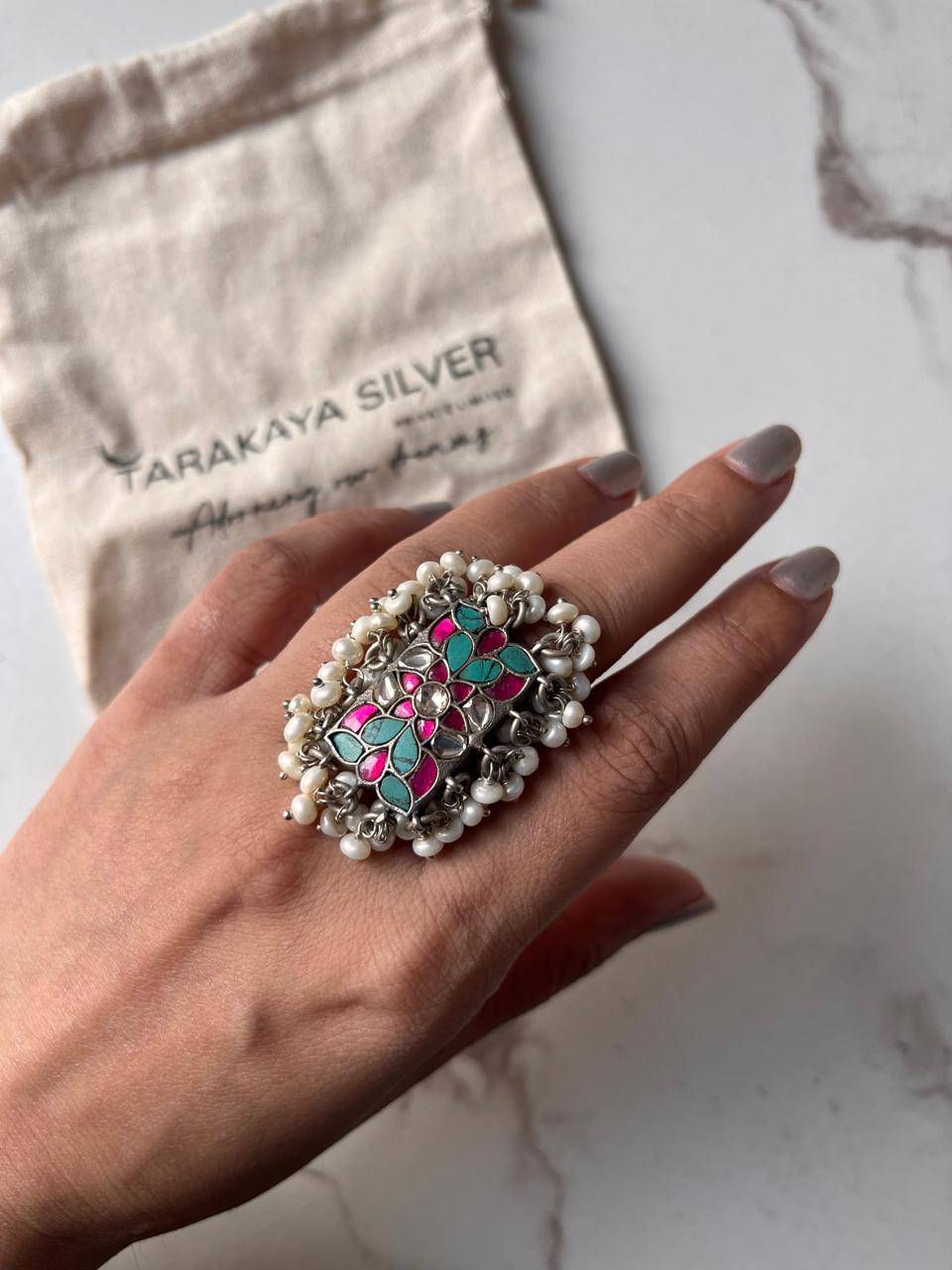 Antique Turquoise Meenakari Kundan Pearls 925 Silver Adjustable Ring