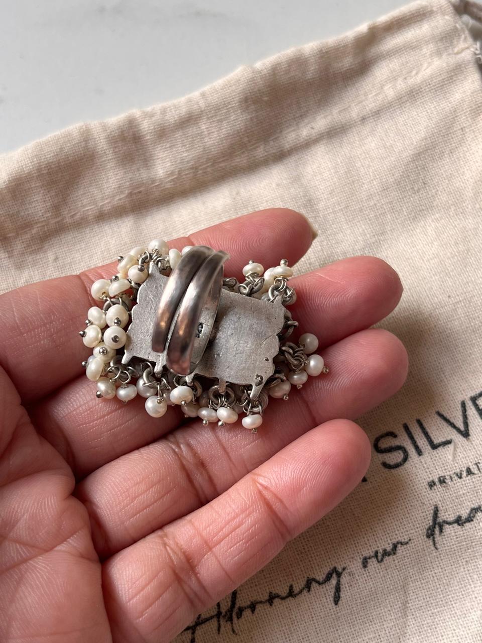 925 Silver Adjustable Ring Featuring Turquoise, Kundan, and Pearls