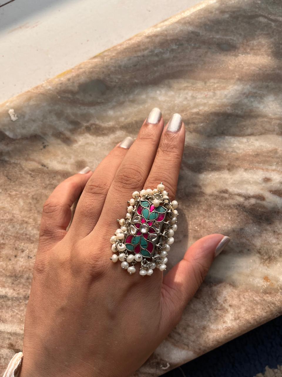 Turquoise Meenakari Kundan Pearls Adjustable Ring in 925 Silver
