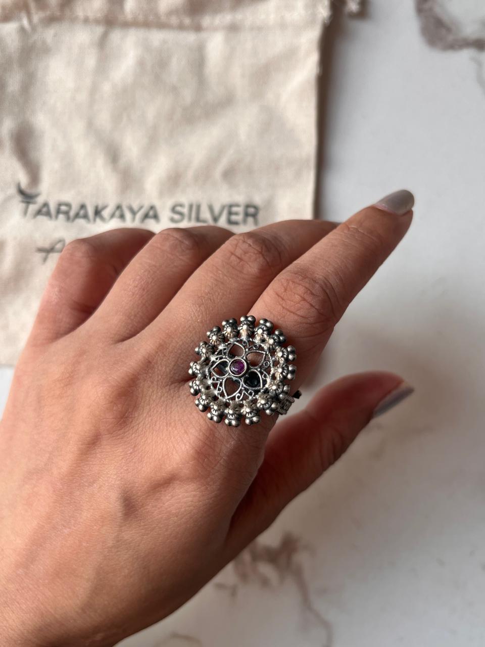 Mandala Flower Kundan Ring in 925 Silver with Antique Design