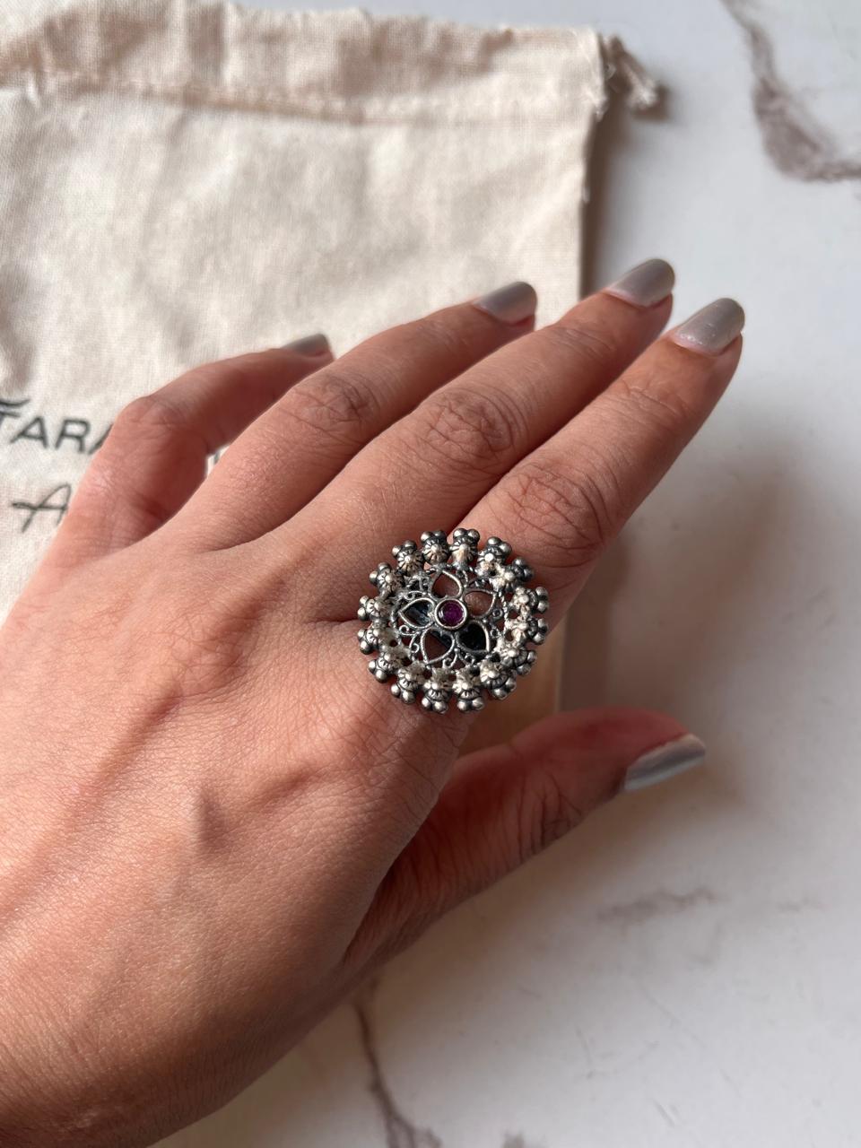 Antique Mandala Flower Kundan 925 Silver Ring
