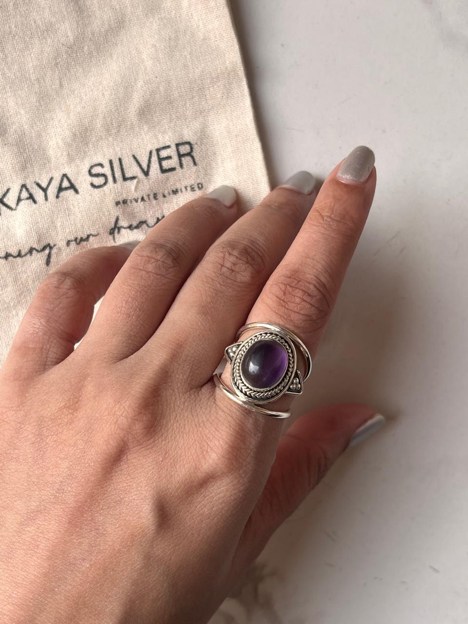 925 Silver Boho Ring with Large Oval Amethyst Gemstone