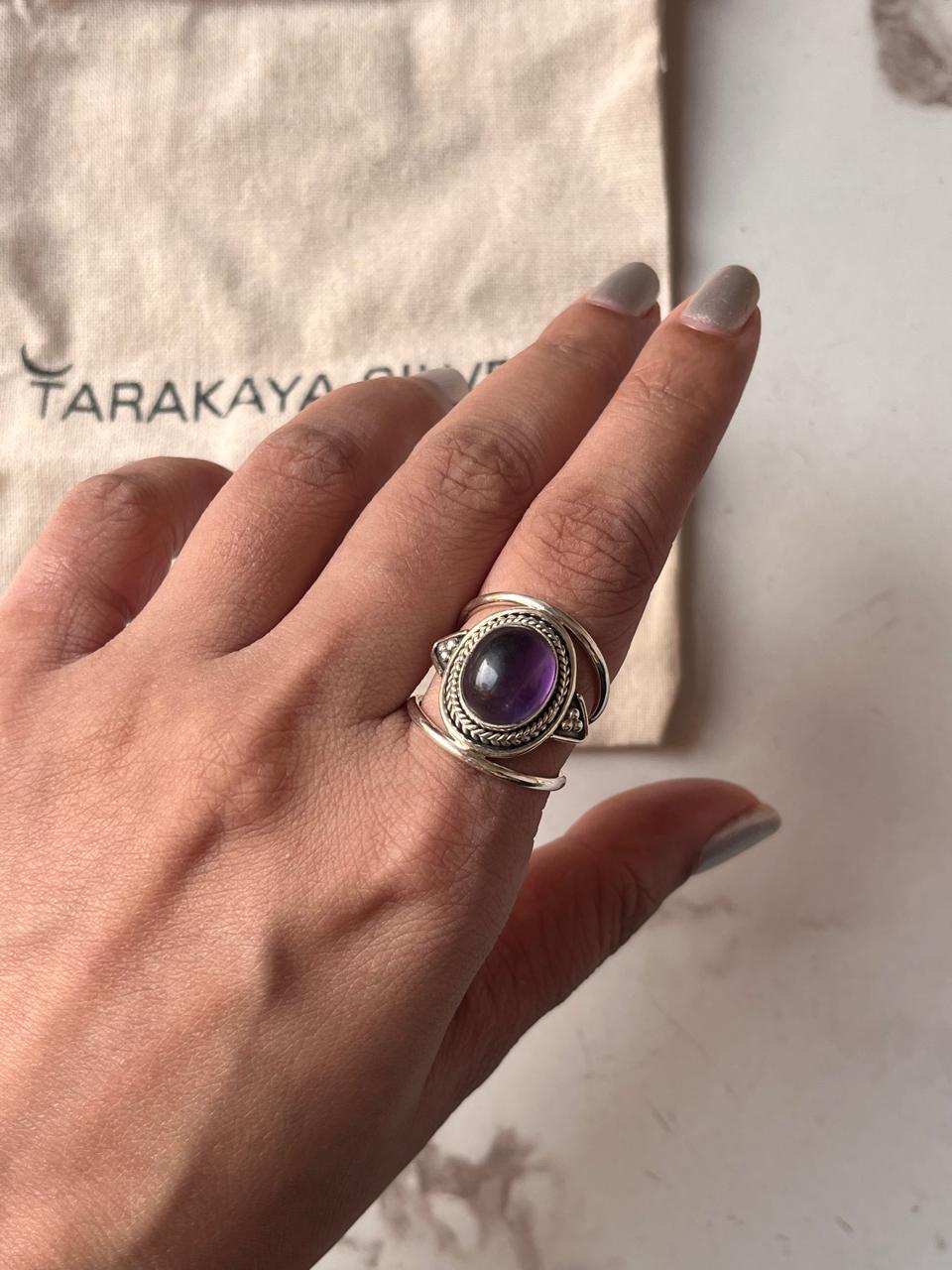 Amethyst Oval Boho Statement 925 Silver Ring