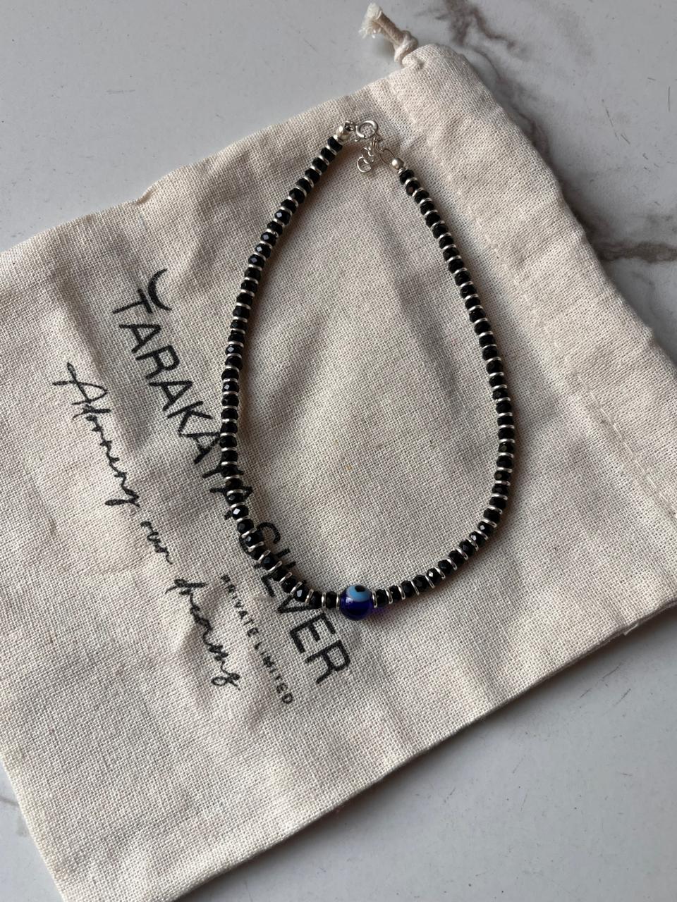 Evil Eye Charm Anklet with Black Beads and 925 Silver