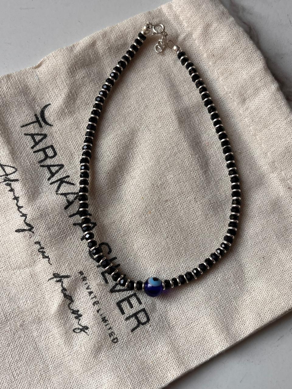925 Silver Anklet with Evil Eye and Black Bead Details