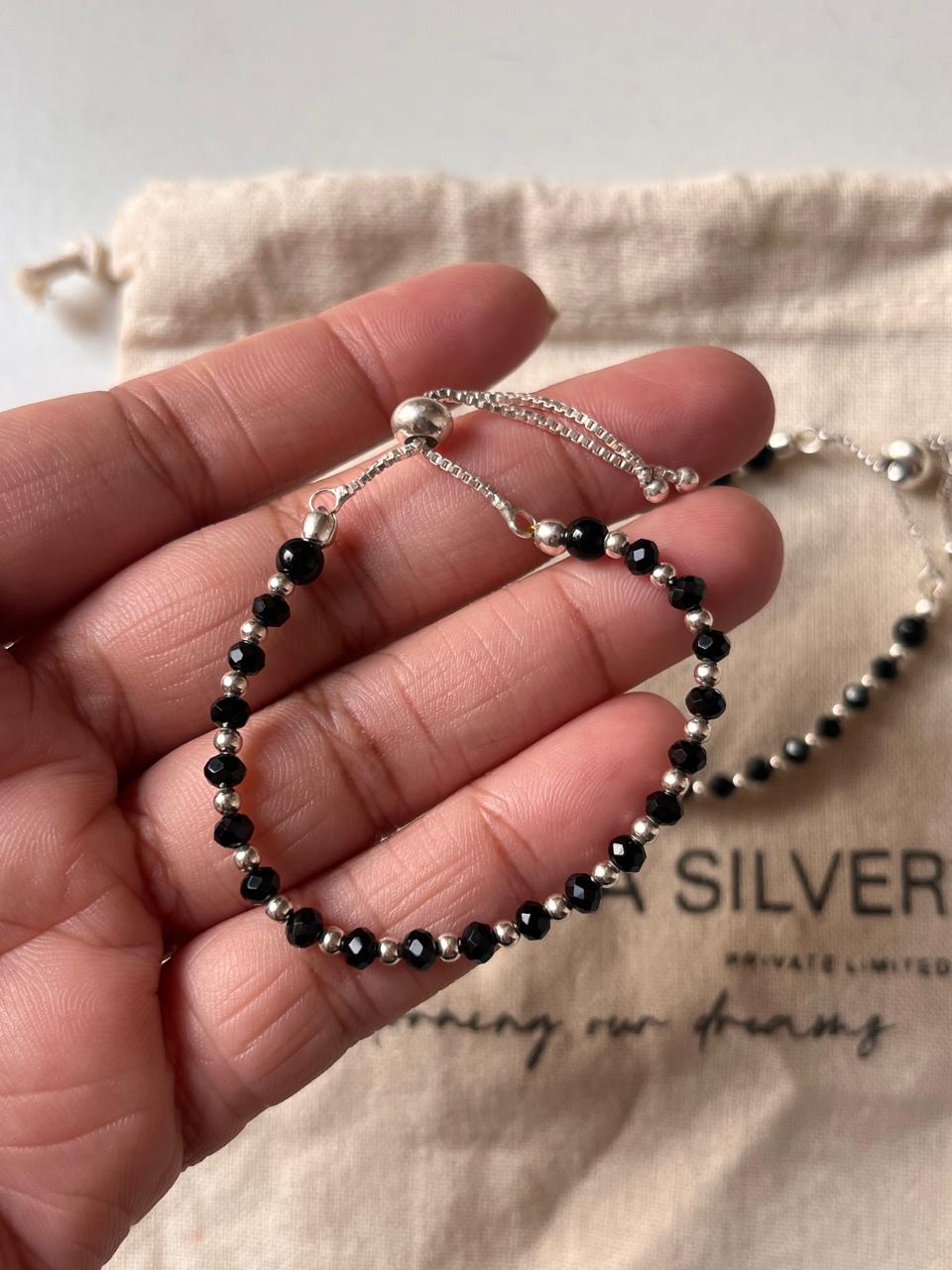 925 Silver Adjustable Kids Nazariya with Black Beads