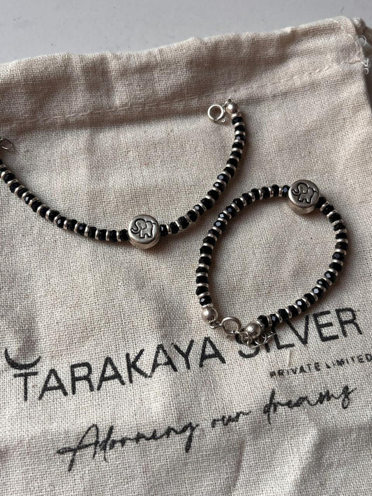 Hathi Elephant Charm & Black Bead Kids Nazariya 925 Silver Anklet