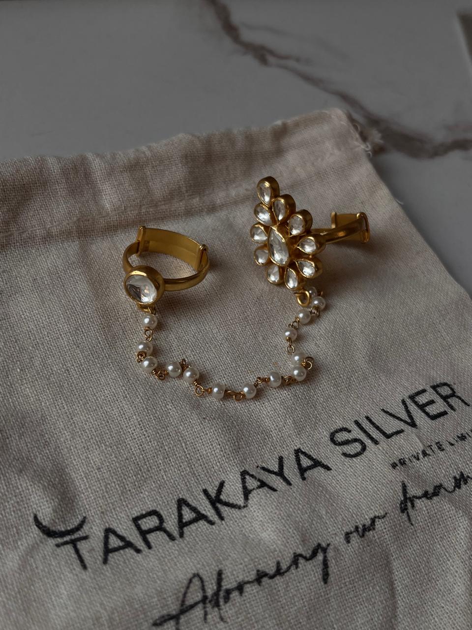 Elegant Gold Plated Kundan Polki Silver Ring with Fresh Water Pearl Chain